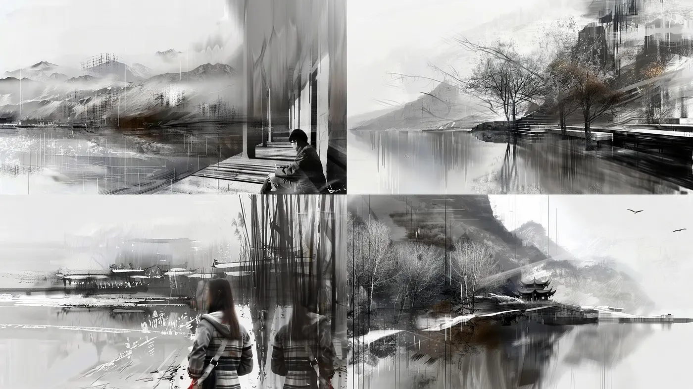 Monochromatic Ethereal Brushwork Across Timeless Landscapes - Midjourney sref style