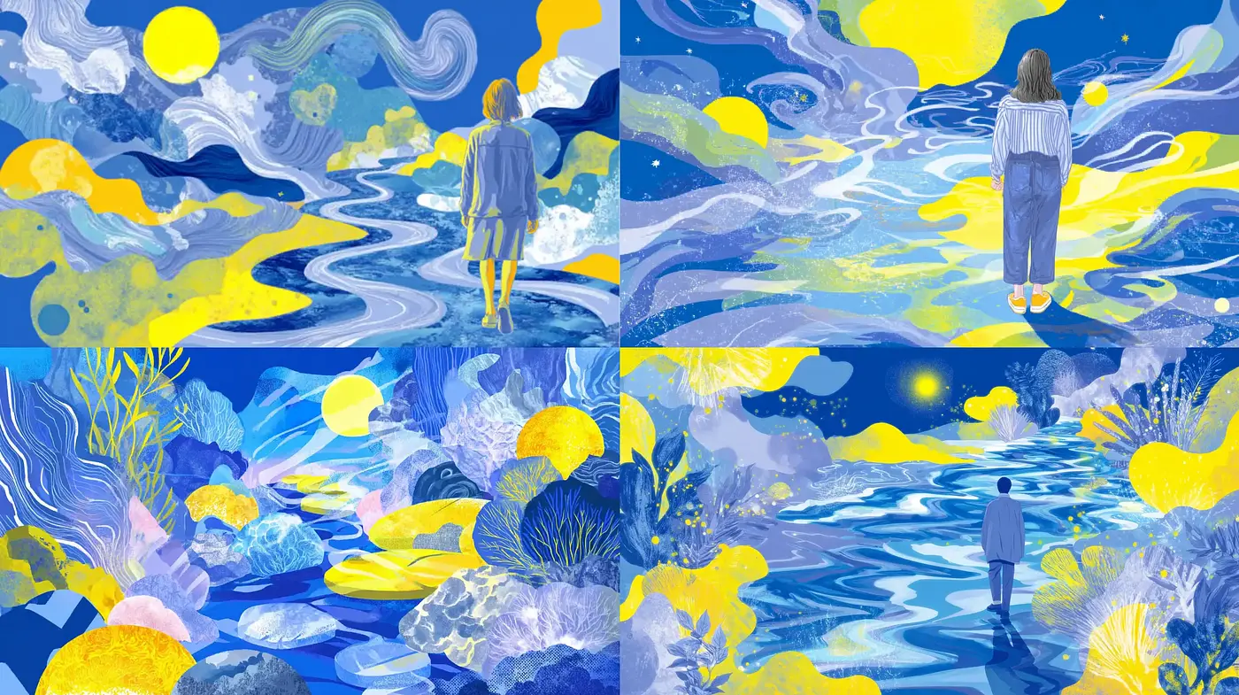 Vibrant and Dreamlike Illustrations with Fluid Composition and Bold Color Scheme - Midjourney sref style