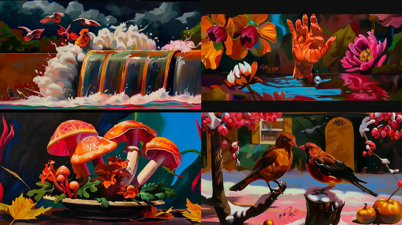 Vivid and Whimsical Imagery with a Nature Theme and Surreal Elements - Midjourney sref style