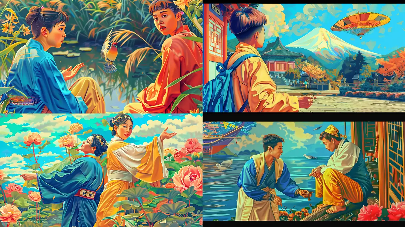 Vibrant Edo Period Fusion with Nature and Human Engagement - Midjourney sref style
