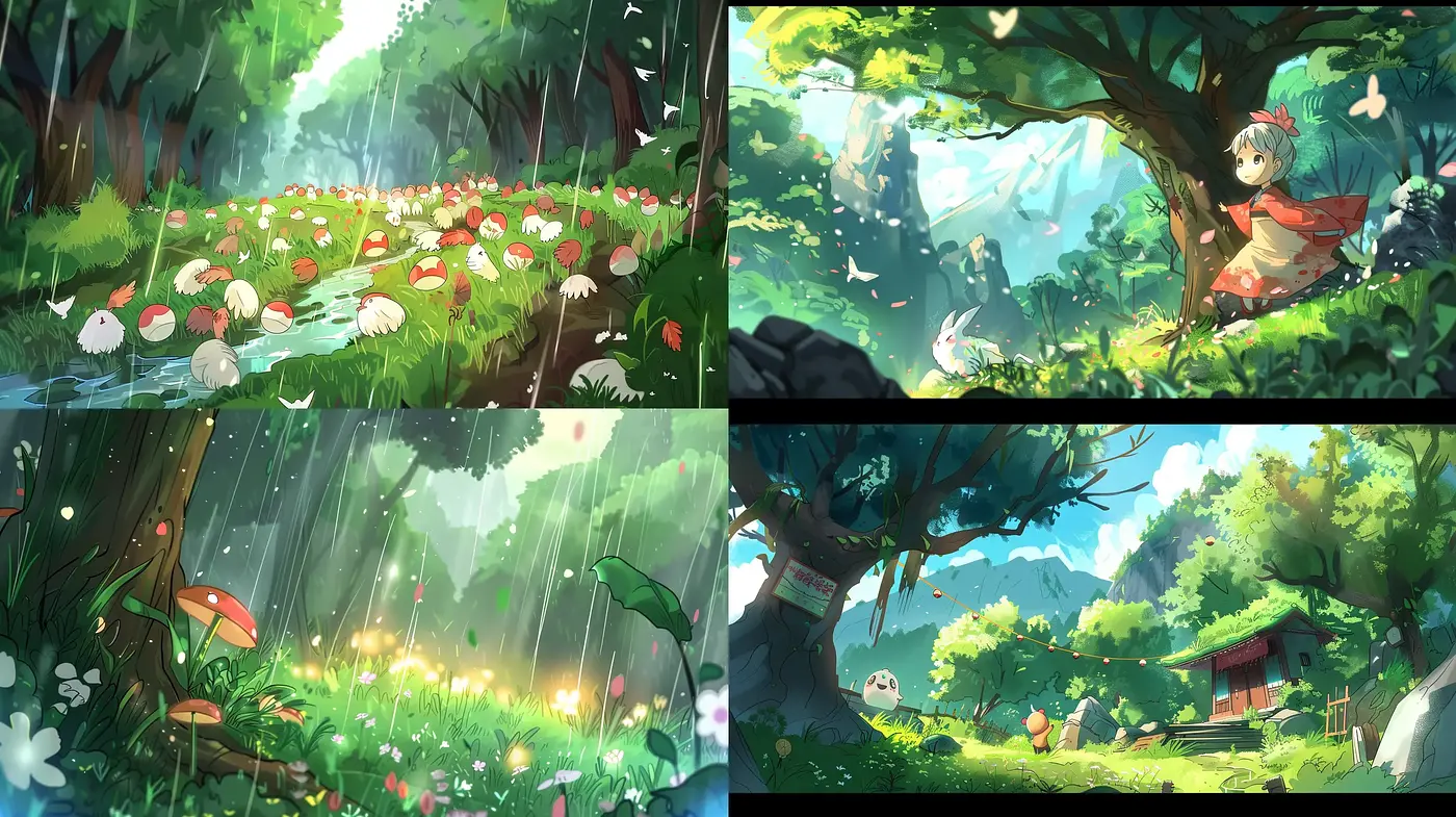 Lush Animated Pastoral Scenes with a Magical Glimmer - Midjourney sref style