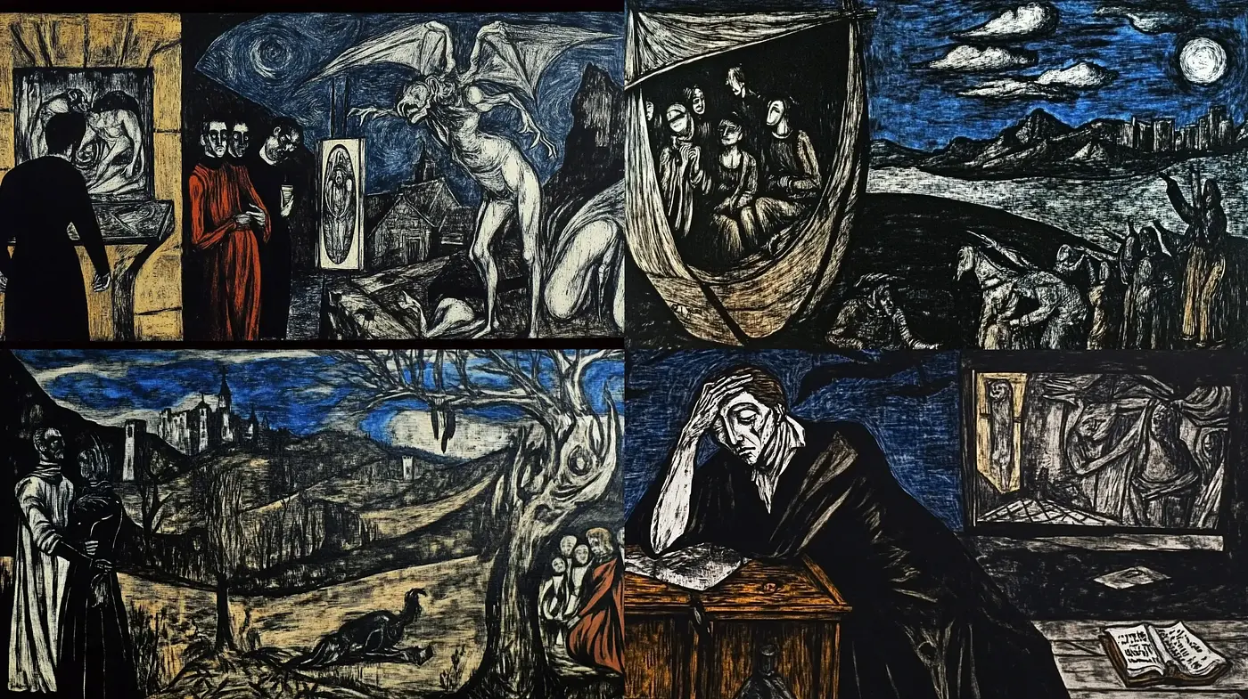 Expressionist Nocturnes with Chiaroscuro Woodcut Aesthetics - Midjourney sref style