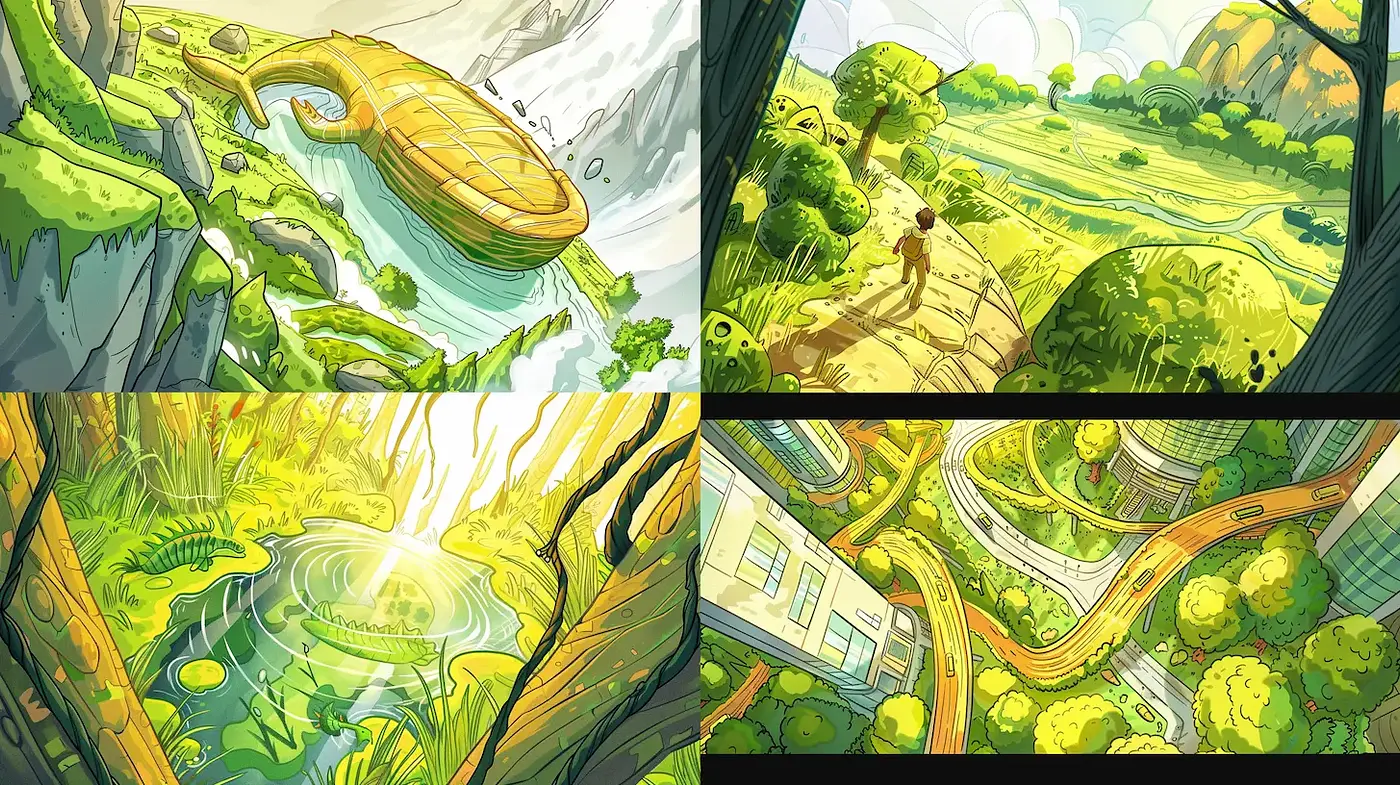 Vibrant and Whimsical Eco-Futuristic Landscapes with a Playful Touch - Midjourney sref style