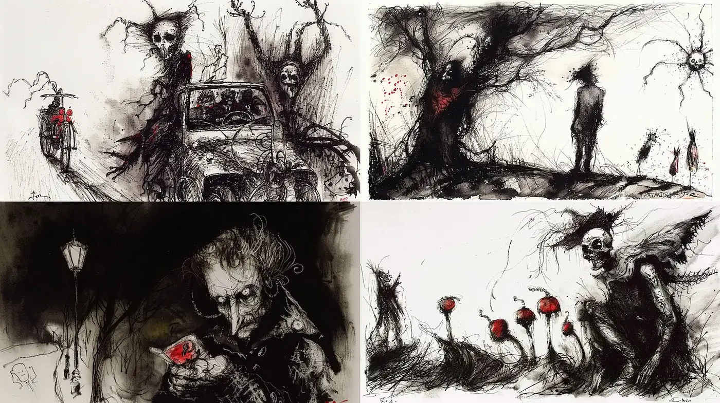 Darkly Whimsical Art with a Haunting Atmosphere and Expressive Characters - Midjourney sref style