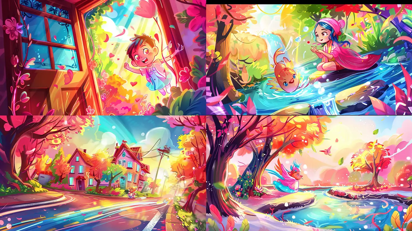 Whimsical Storybook Illustrations with Radiant Colors and Dynamic Angles - Midjourney sref style