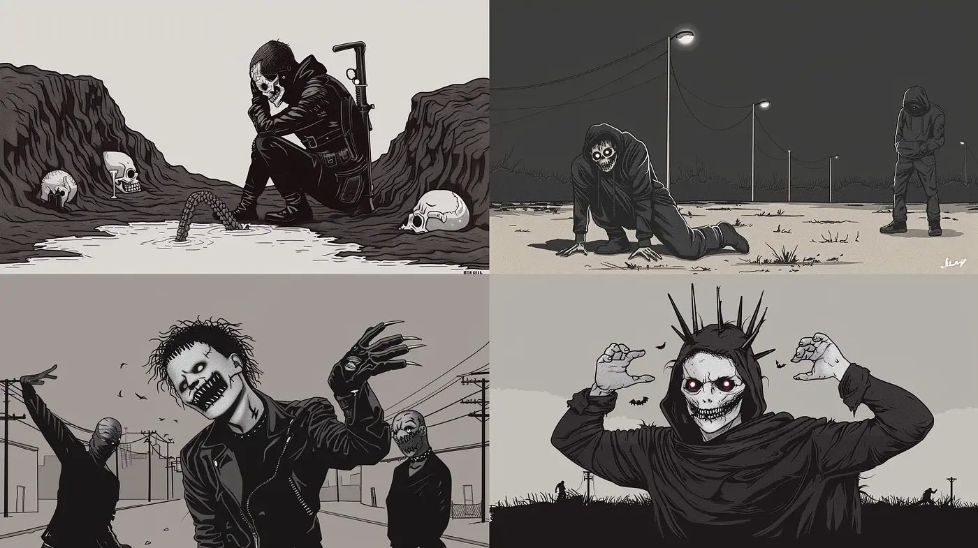Gothic Nocturnes in Grayscale: A Homage to Macabre and Dark Comic Artistry - Midjourney sref style