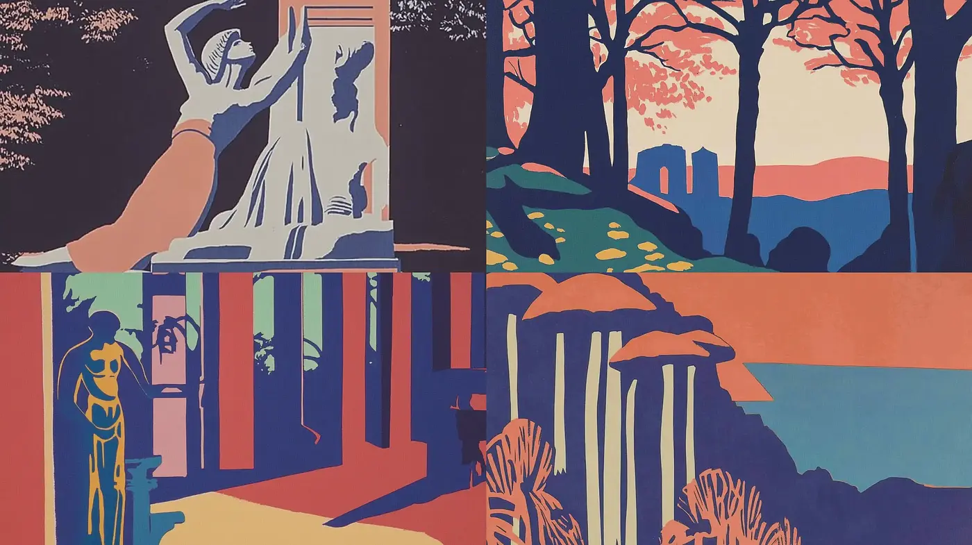 Silhouetted Contours and Sunset Hues: A Harmonious Blend of Graphic Simplicity and Color Depth - Midjourney sref style