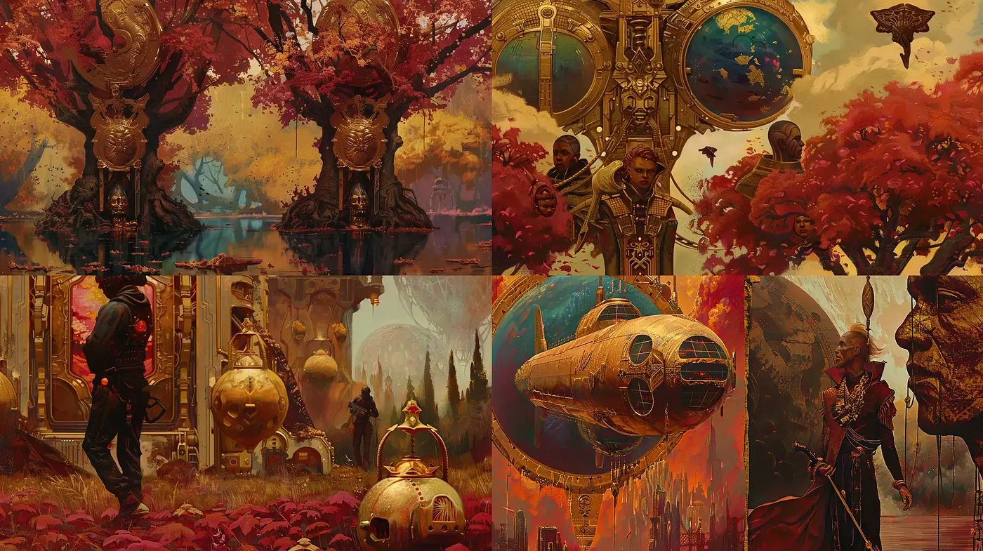 Autumnal Dreamscape with Surreal Steampunk Elements - Midjourney sref style