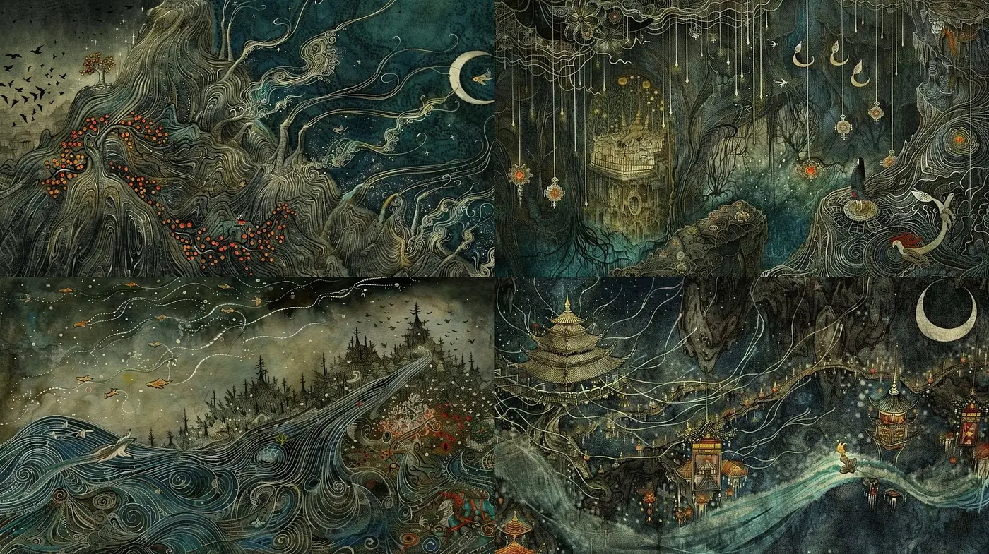 Ethereal Whimsy in a Mythical Nocturnal Canvas - Midjourney sref style