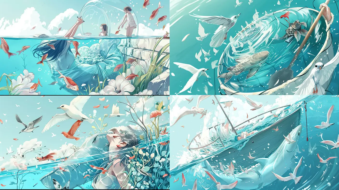 Ethereal Aquatic Dreamscape: A Serene Fusion of Water and Sky in Digital Brushstrokes - Midjourney sref style