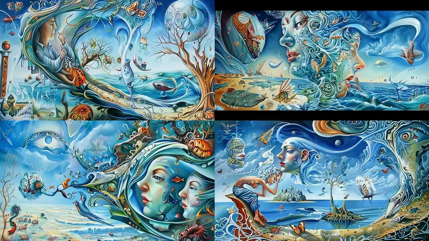 Dreamlike Surrealism with Fluid Elements and Nature Integration - Midjourney sref style