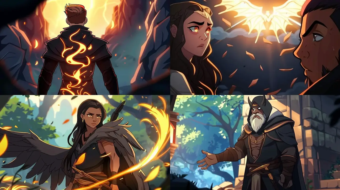 Epic Saga Illustrations with Dynamic Lighting and Bold Characters - Midjourney sref style