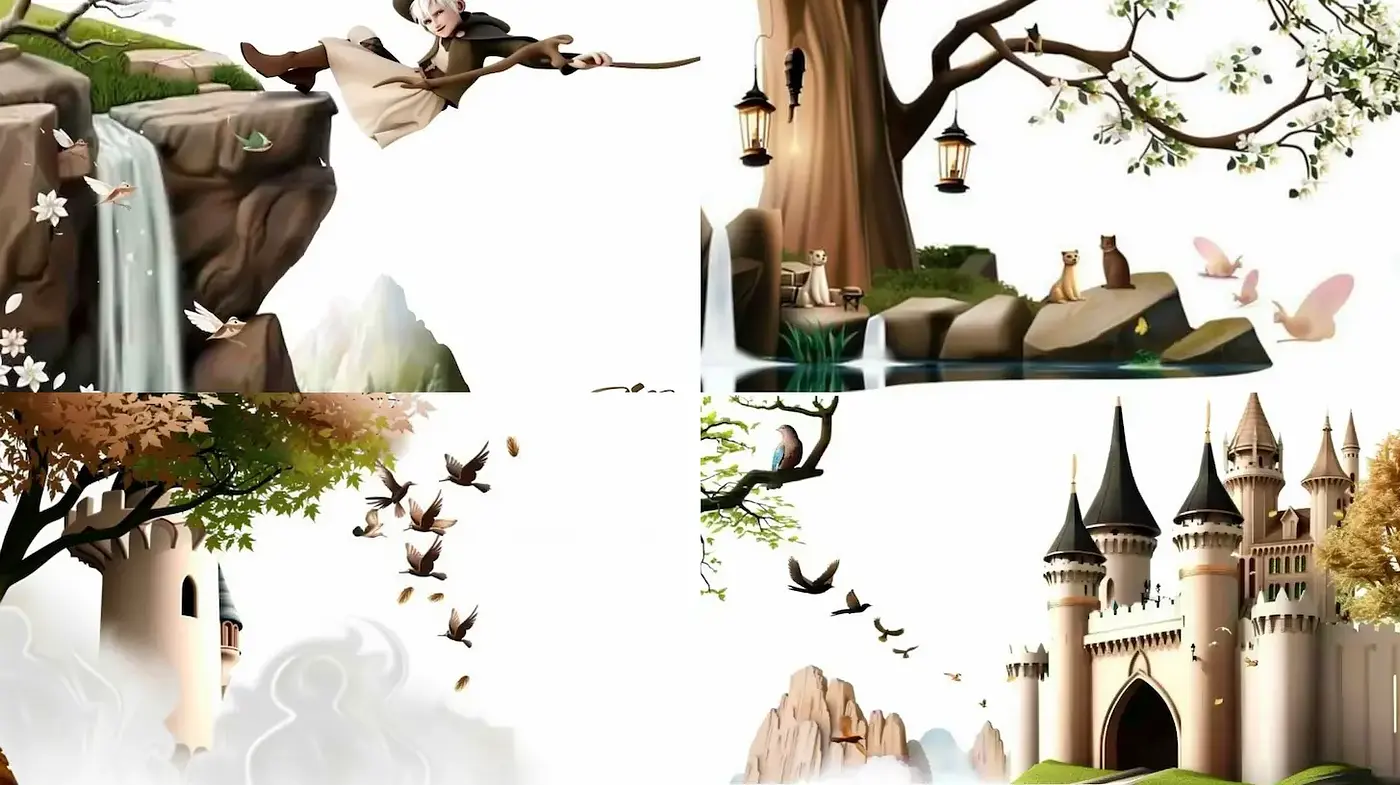 Whimsical fantasy landscapes with ethereal charm and storytelling elements - Midjourney sref style