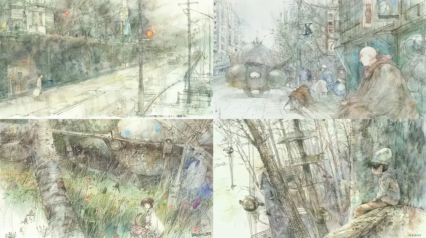 Ethereal Watercolor Landscapes with Subtle Nostalgia and Intricate Detail - Midjourney sref style