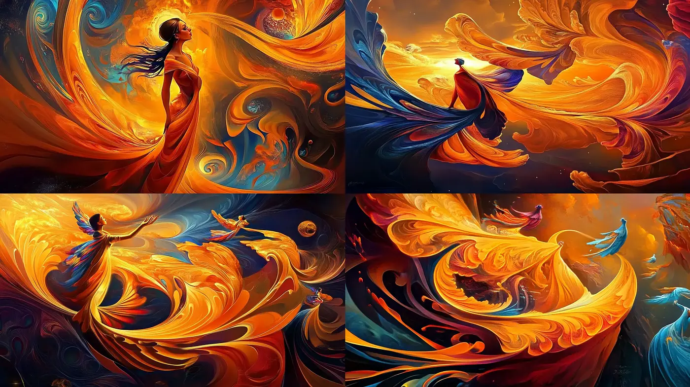 Whimsical Dance of Swirling Hues: A Vivid Tableau of Movement and Light - Midjourney sref style