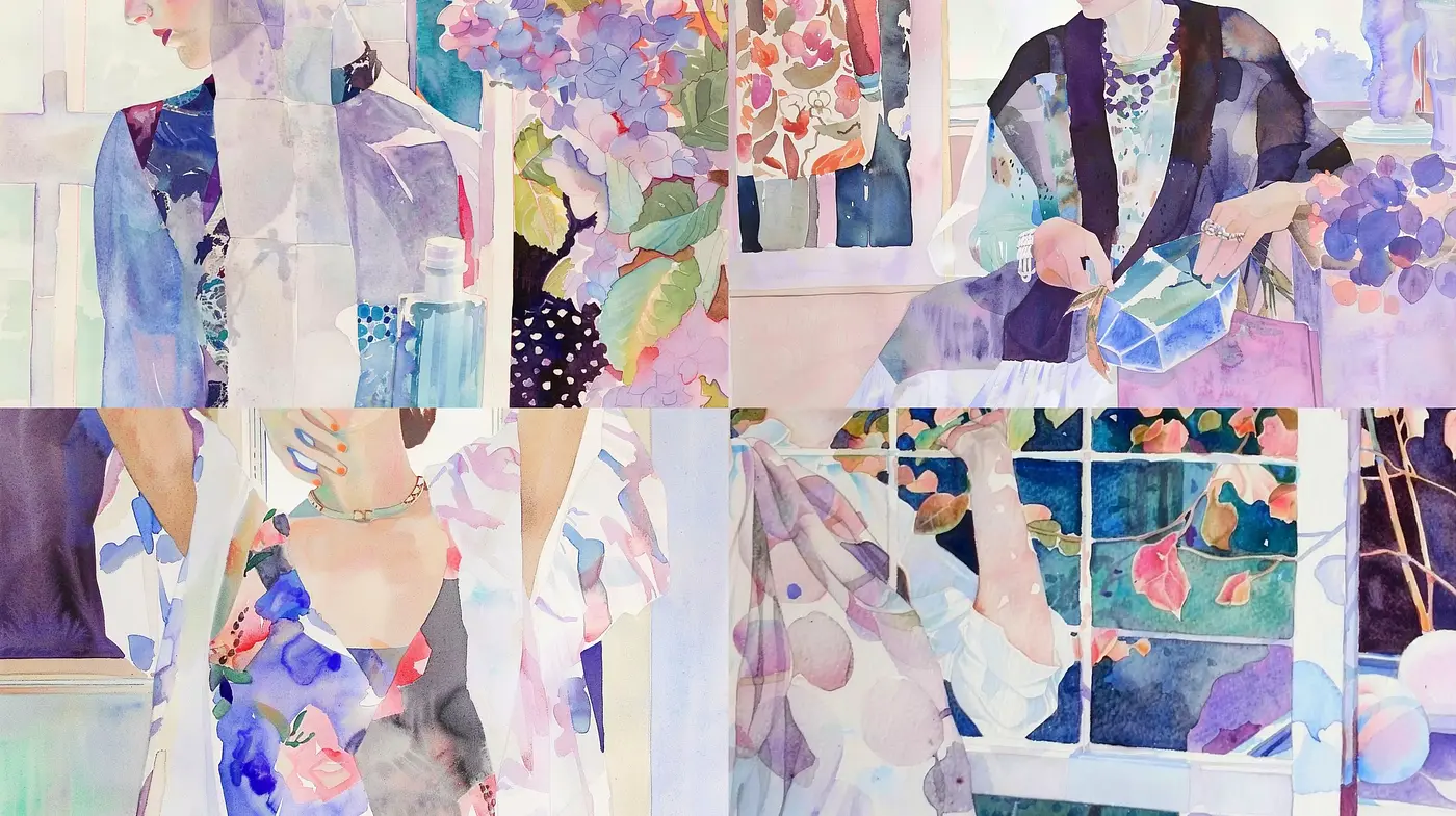 Fragmented Elegance in Watercolor Shades - Midjourney sref style