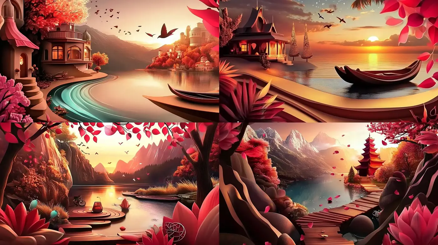 Crimson Sunset Dreamscape: A Harmonious Blend of Surreal Landscape and Vivid Tones - Midjourney sref style
