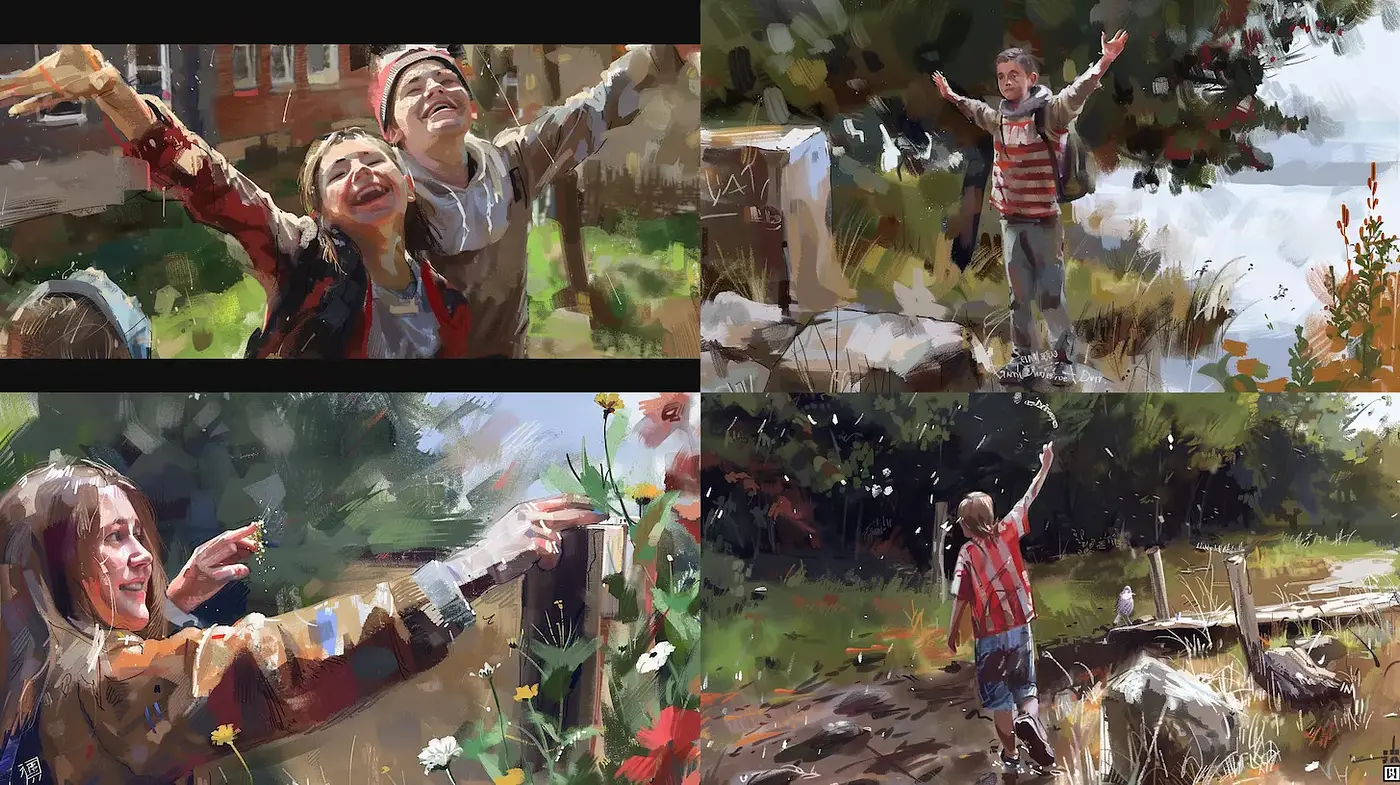 Dynamic and expressive portrayal of youthful joy in natural settings - Midjourney sref style
