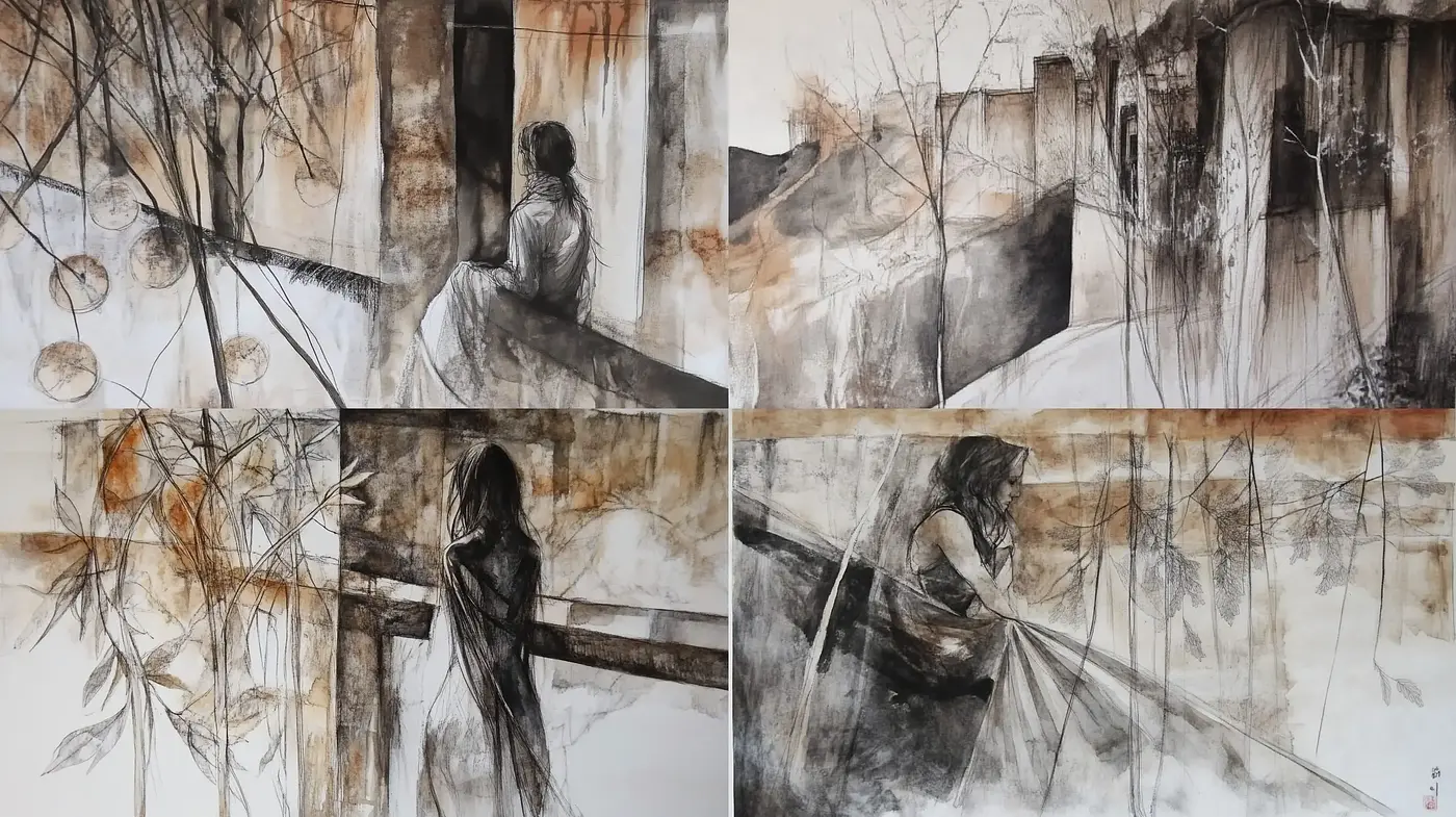 Whispers of Sepia: Ethereal Ink Wash Expressions - Midjourney sref style