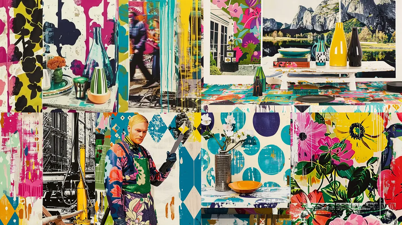 Eclectic Fusion of Abstract Expressionism and Digital Collage - Midjourney sref style