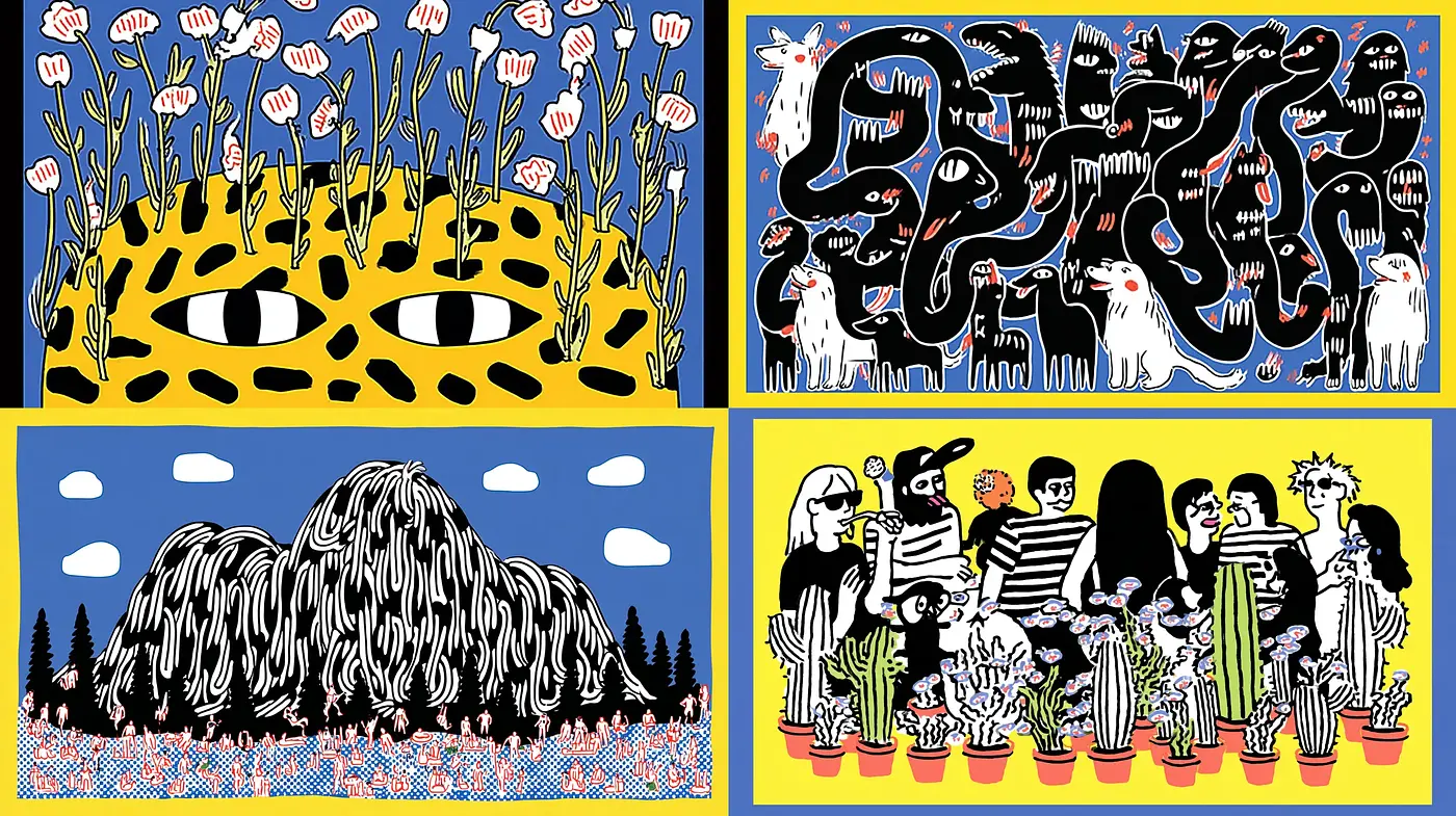 Stylized illustrations with bold outlines and vibrant colors - Midjourney sref style