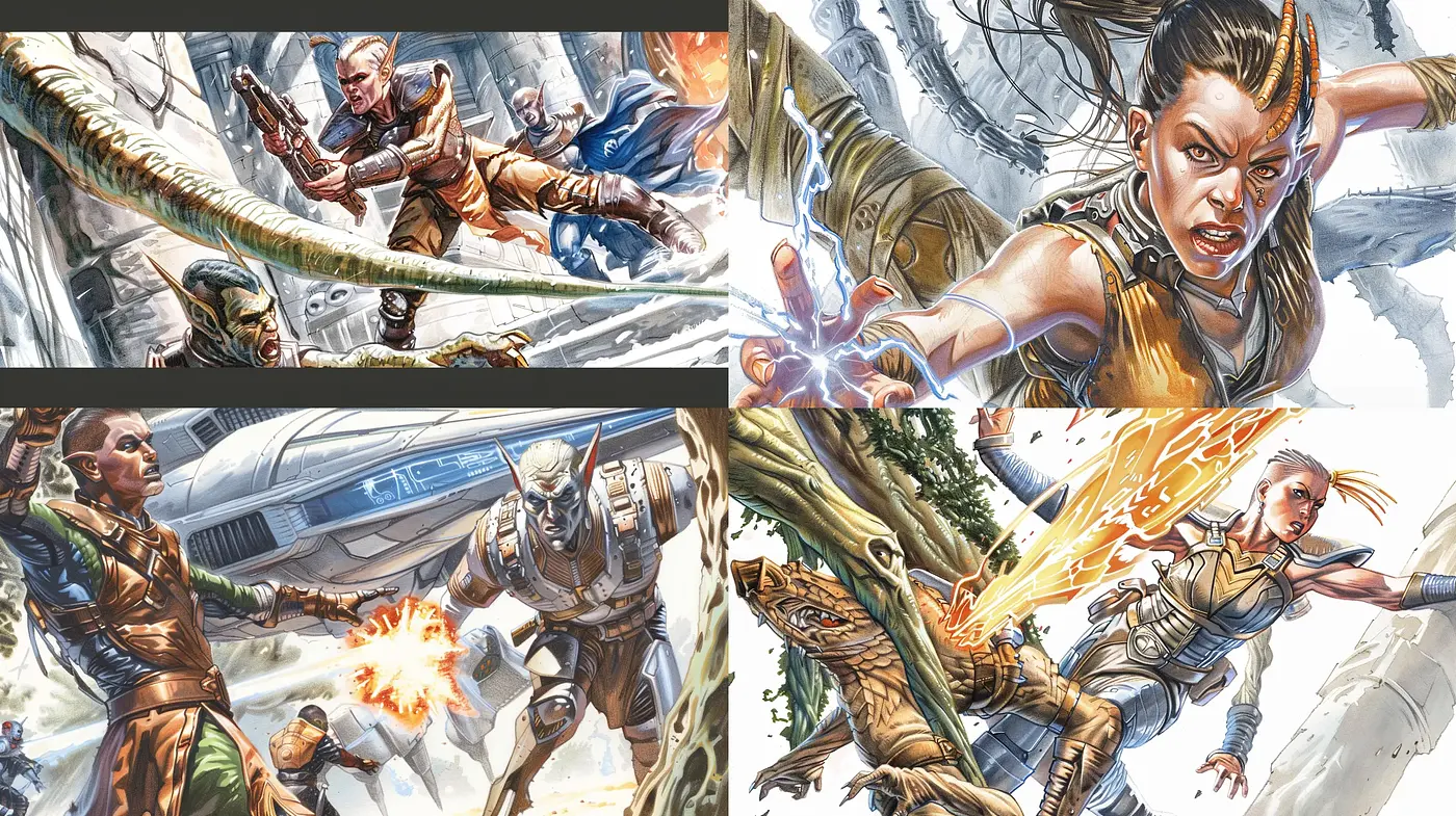 Dynamic Sci-Fi Action Art Rendered in Vivid Comic Book Illustration Style - Midjourney sref style
