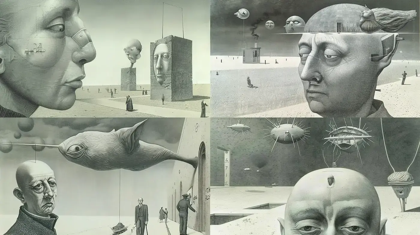 Surreal and Thought-Provoking Imagery with Distinctive Dreamlike Elements - Midjourney sref style