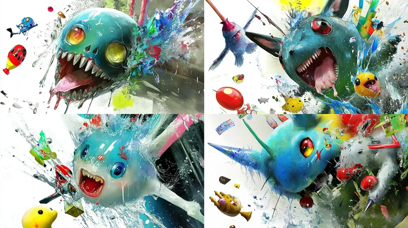 Explosive Chromatic Whimsy: Dynamic Paint-Splatter Creatures - Midjourney sref style