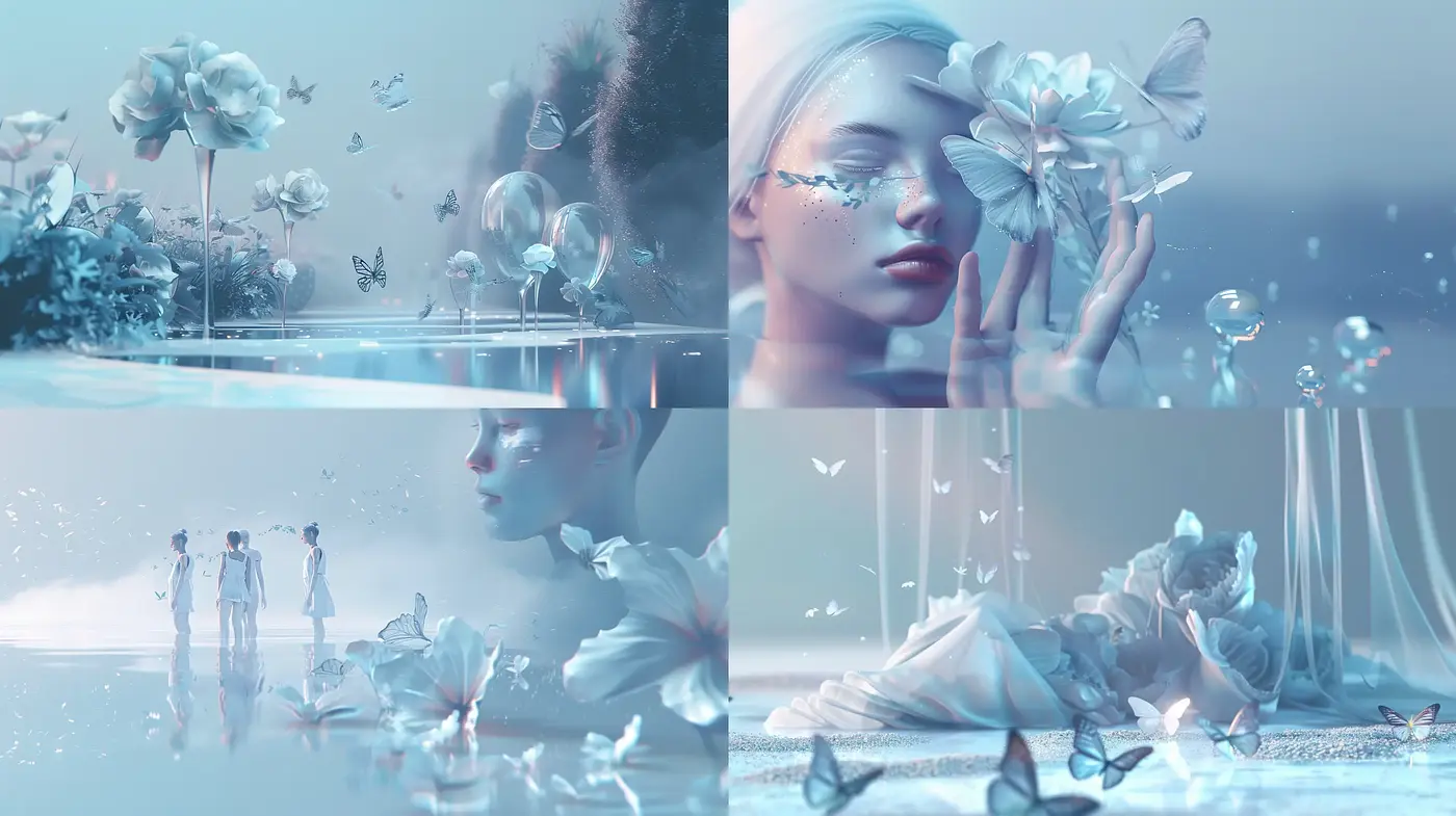 Ethereal Serenity in Monochromatic Blues: A Dreamy Vision with Surrealist Influence - Midjourney sref style
