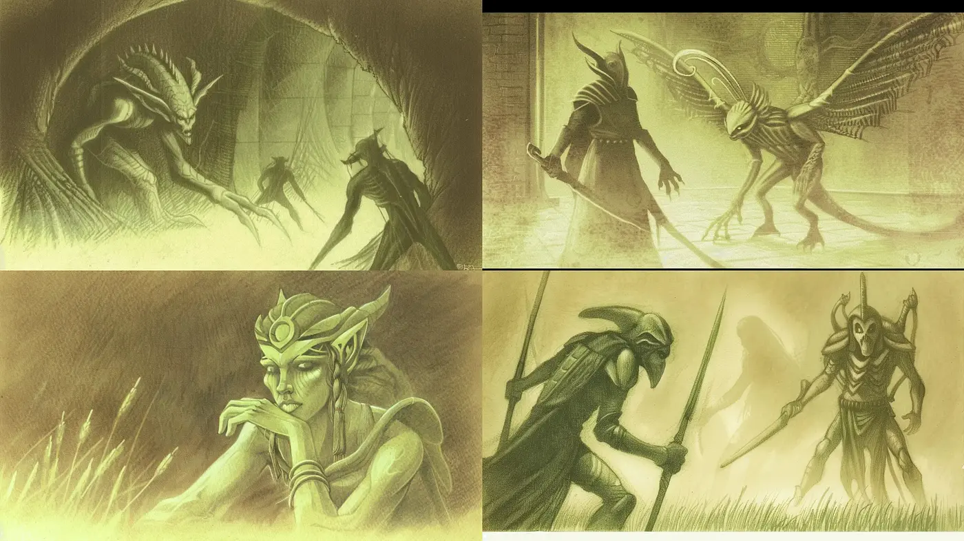 Mythical Sepia-Toned Fantasia: A Homage to Fantastical Lore and Legendary Art - Midjourney sref style