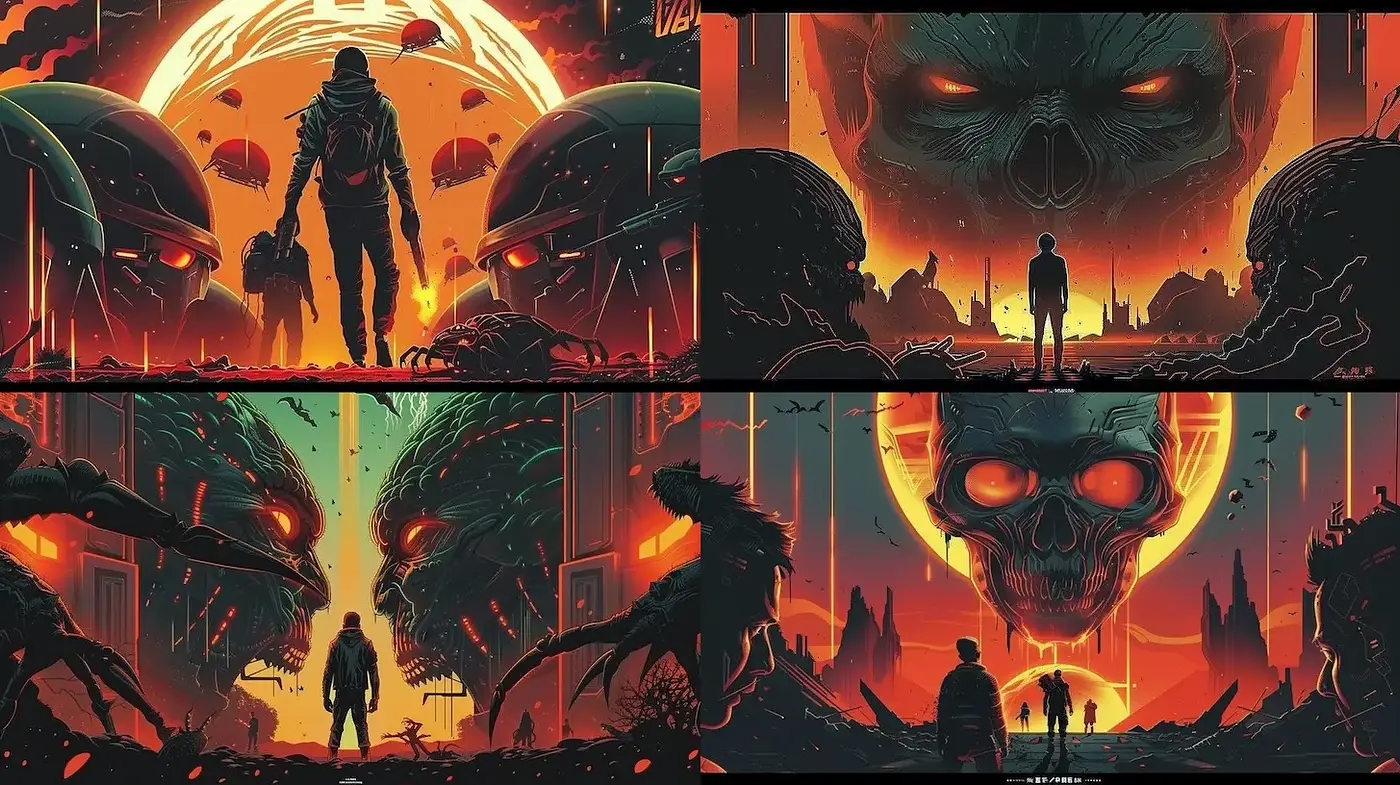 Futuristic neon landscapes with surreal themes of confrontation - Midjourney sref style