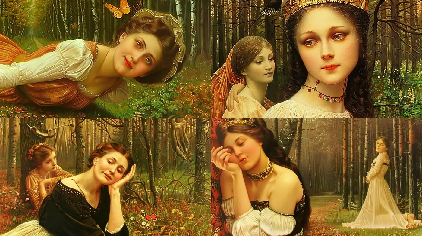 Enchanted Forest Elegance: A Harmonious Meld of Pre-Raphaelite and Romantic Realism - Midjourney sref style