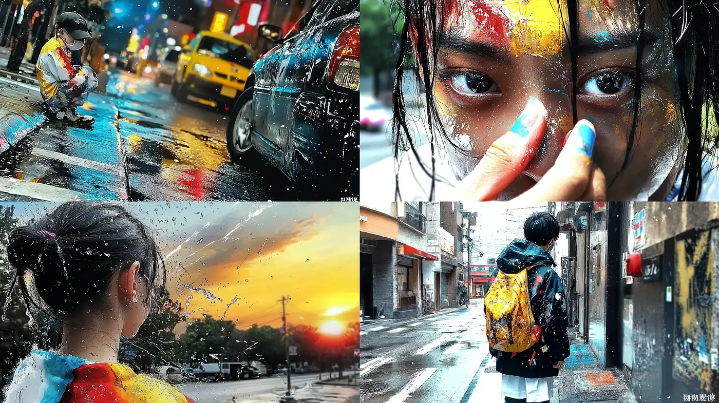 Rain-Kissed Urban Dreamscape: A Vivid Mélange of Photorealism and Expressive Texture - Midjourney sref style