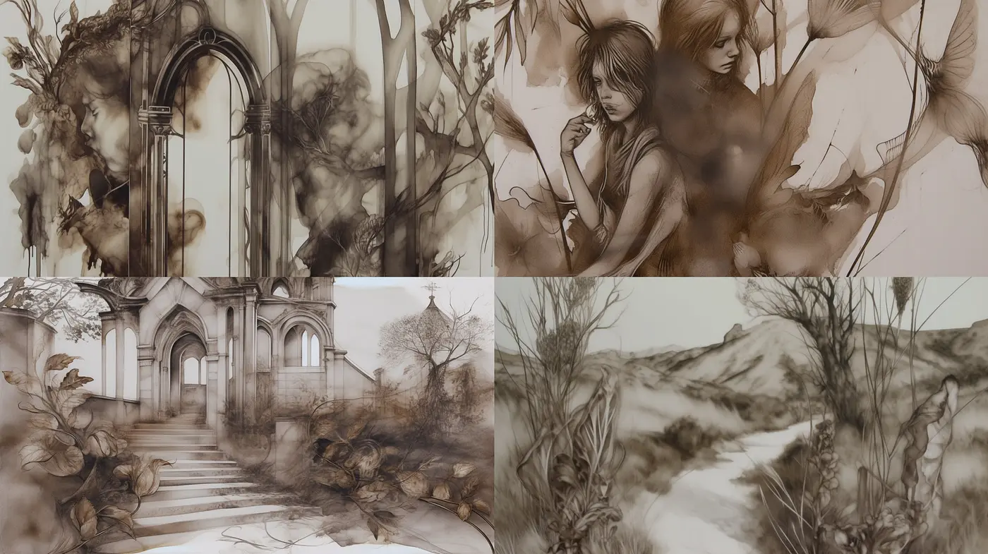 Ethereal Sepia Sketches: Merging Dreams with Delicate Realism - Midjourney sref style