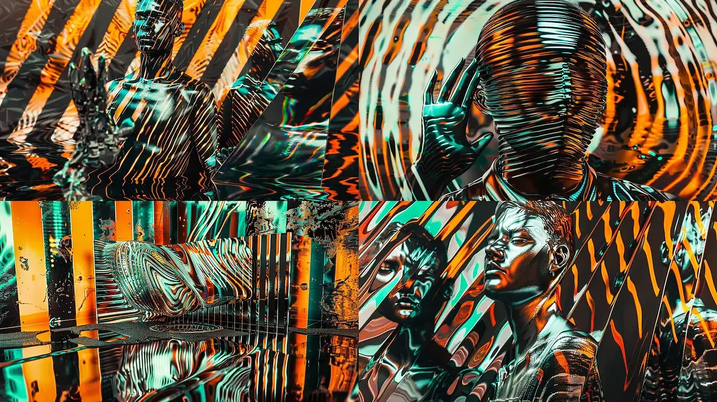 Dynamic and Reflective Abstract Expressionism with a Futuristic Edge - Midjourney sref style