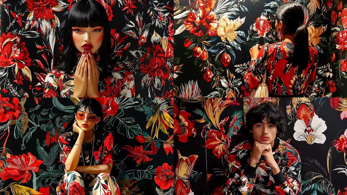 Florid Enchantment: A Tapestry of Vivid Blossoms and Vintage Textures - Midjourney sref style