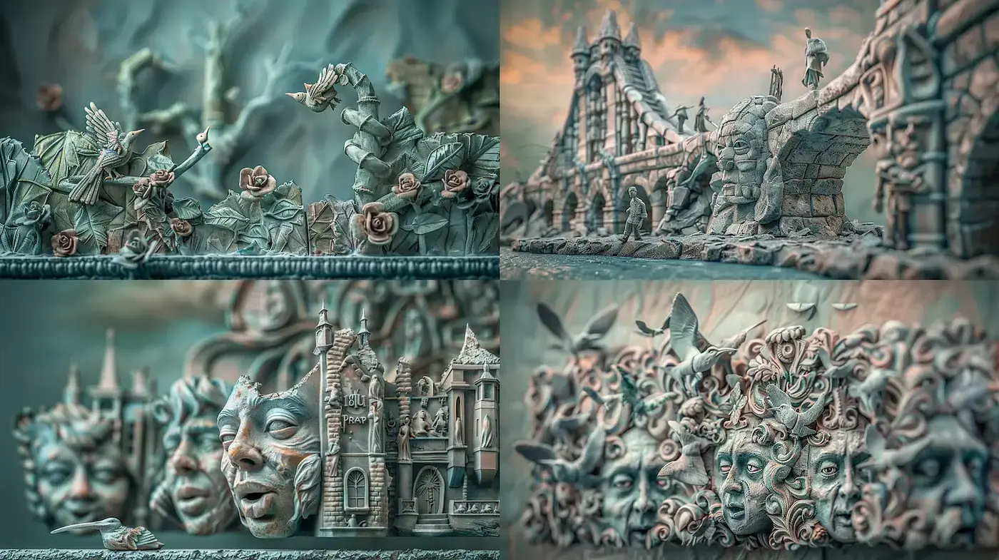 Intricate and Dreamlike Sculptural Fantasy with Historical Elements - Midjourney sref style