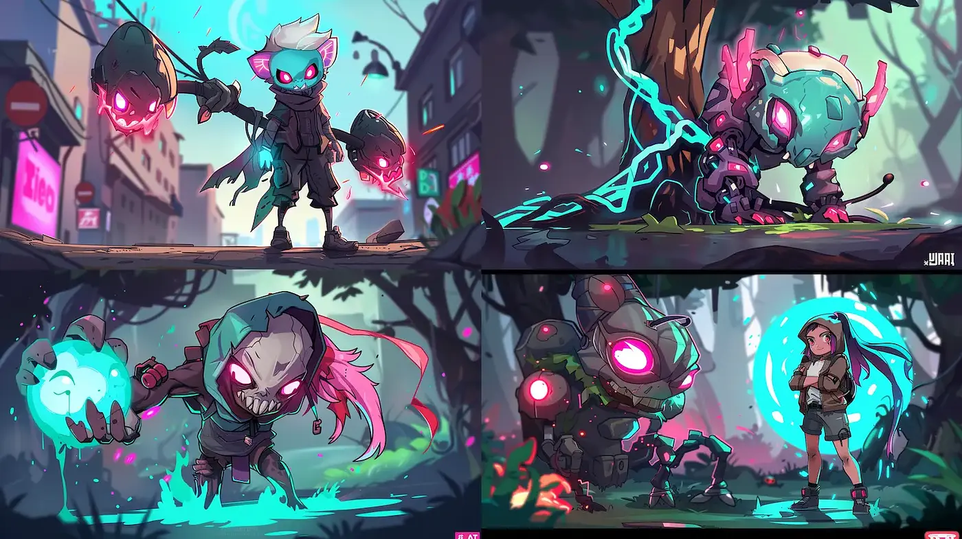 Vibrant, stylized character design in a whimsical fantasy setting - Midjourney sref style