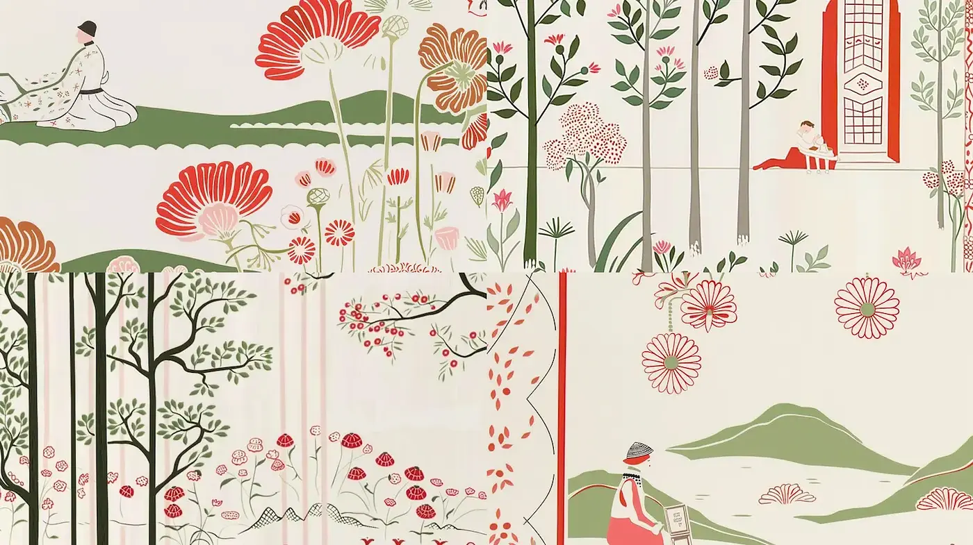 Serene and Harmonious Landscape with Floral Motifs - Midjourney sref style