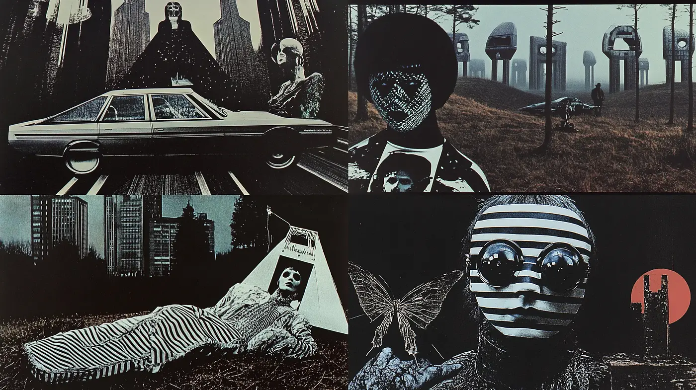 Eerie Surrealism in a Monochromatic Techno Dystopia - Midjourney sref style
