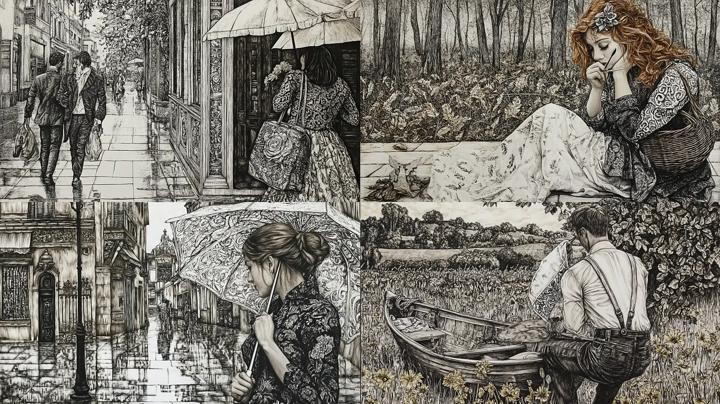 Monochromatic Storybook Illustration Essence - Midjourney sref style