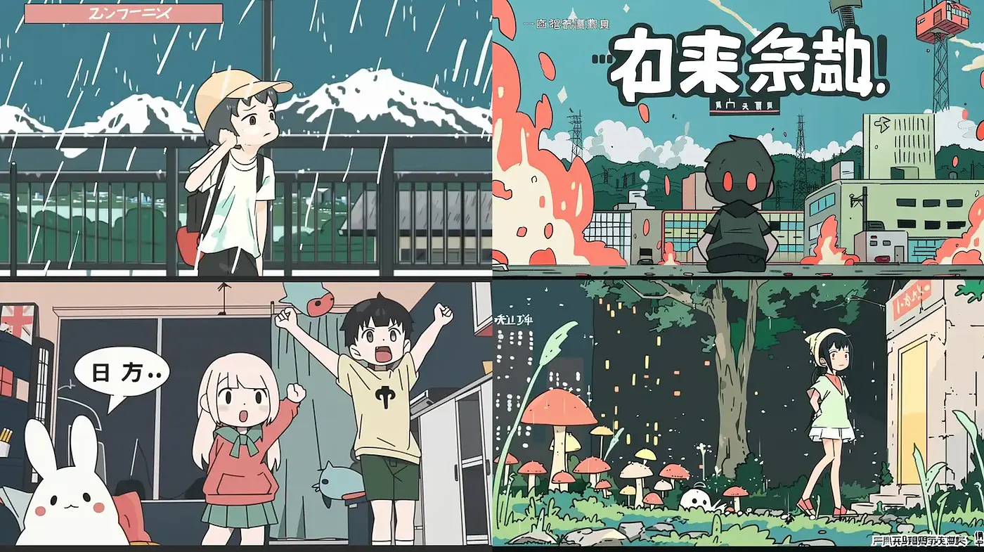 Whimsical yet Nostalgic Anime-Inspired Style with Vibrant Coloration and Playful Characters - Midjourney sref style