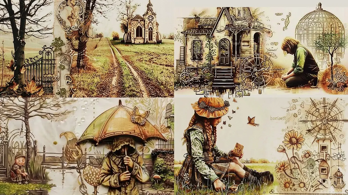 Whimsical Steampunk Fantasia with Pastoral Flair - Midjourney sref style