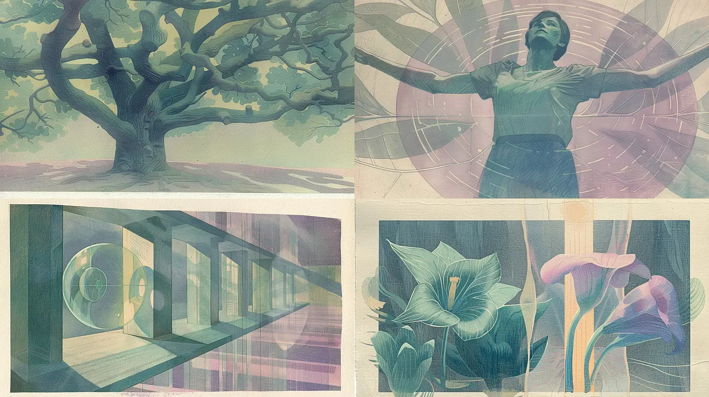 Time-Transcending Textural Harmony: A Fusion of Serene Hues and Organic Forms - Midjourney sref style