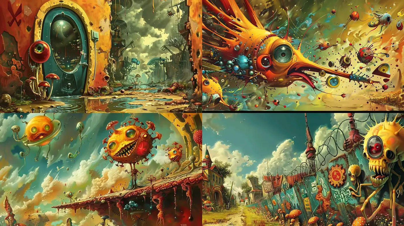 Surreal Dreamscape: A Fusion of Vivid Whimsy and Post-Apocalyptic Decay - Midjourney sref style