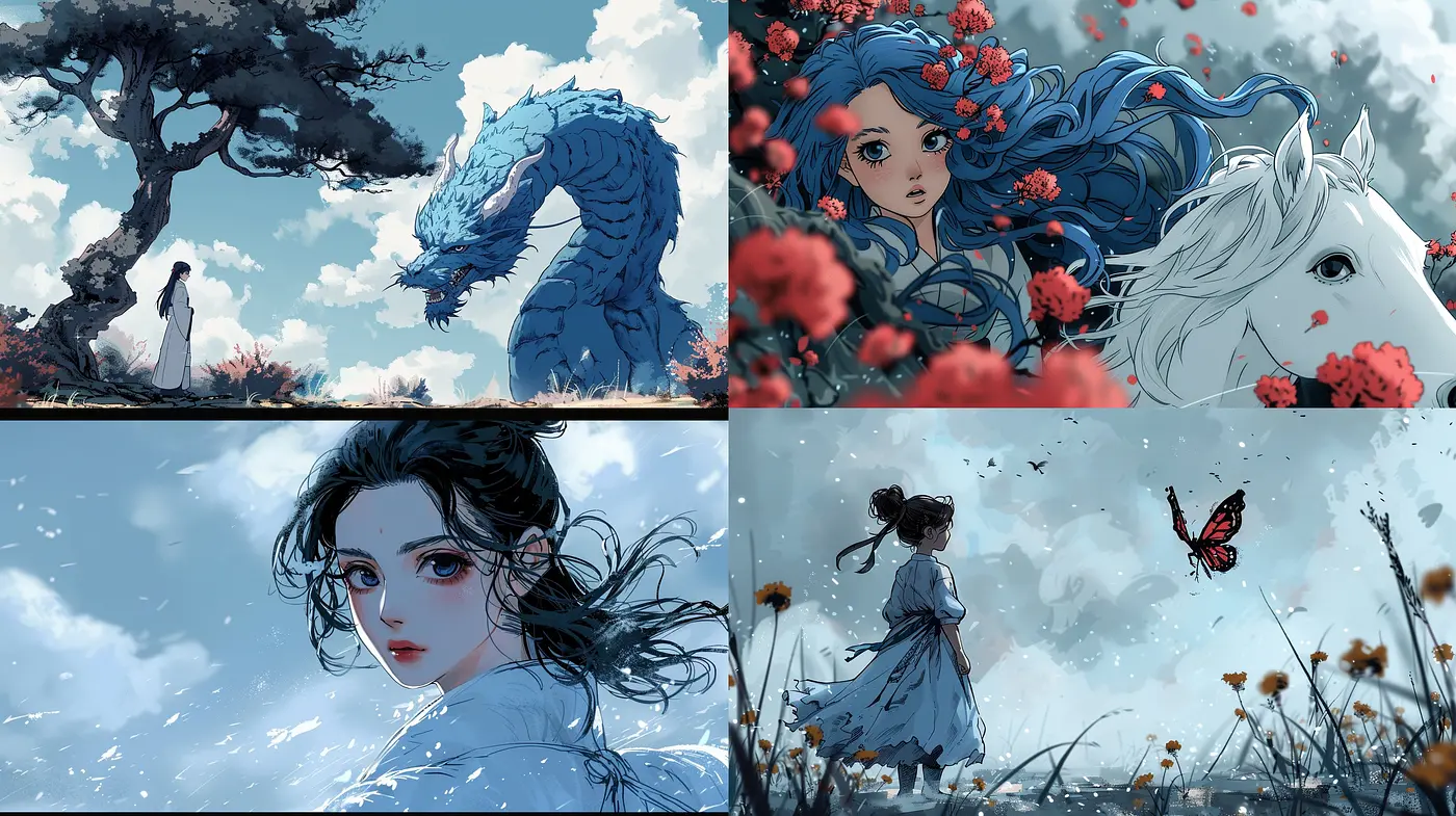 Ethereal Serenity: A Stylized Fusion of East Asian-Influenced Digital Brushwork with a Palette of Soft Blues and Vivid Reds - Midjourney sref style