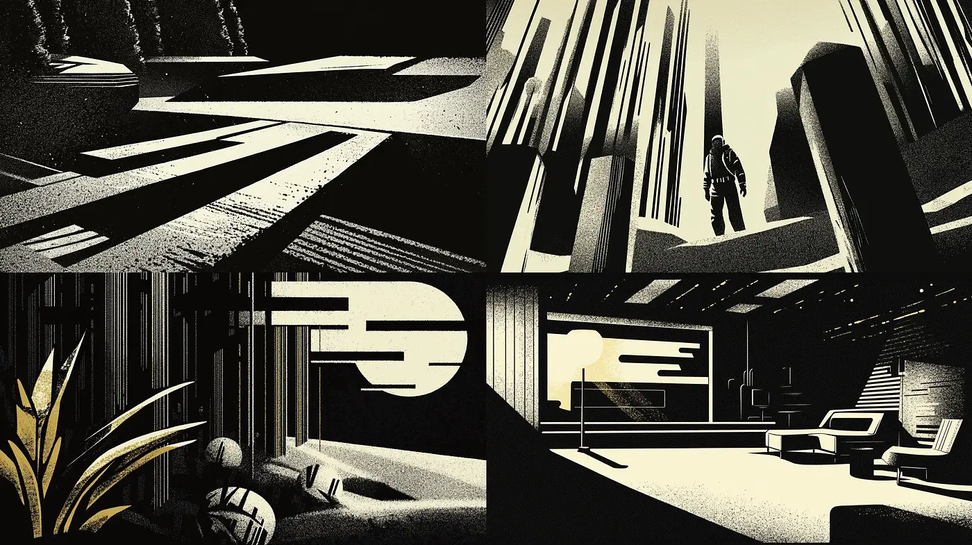 Monochrome Futurism: Interplay of Light and Shadow in a Stylized World - Midjourney sref style