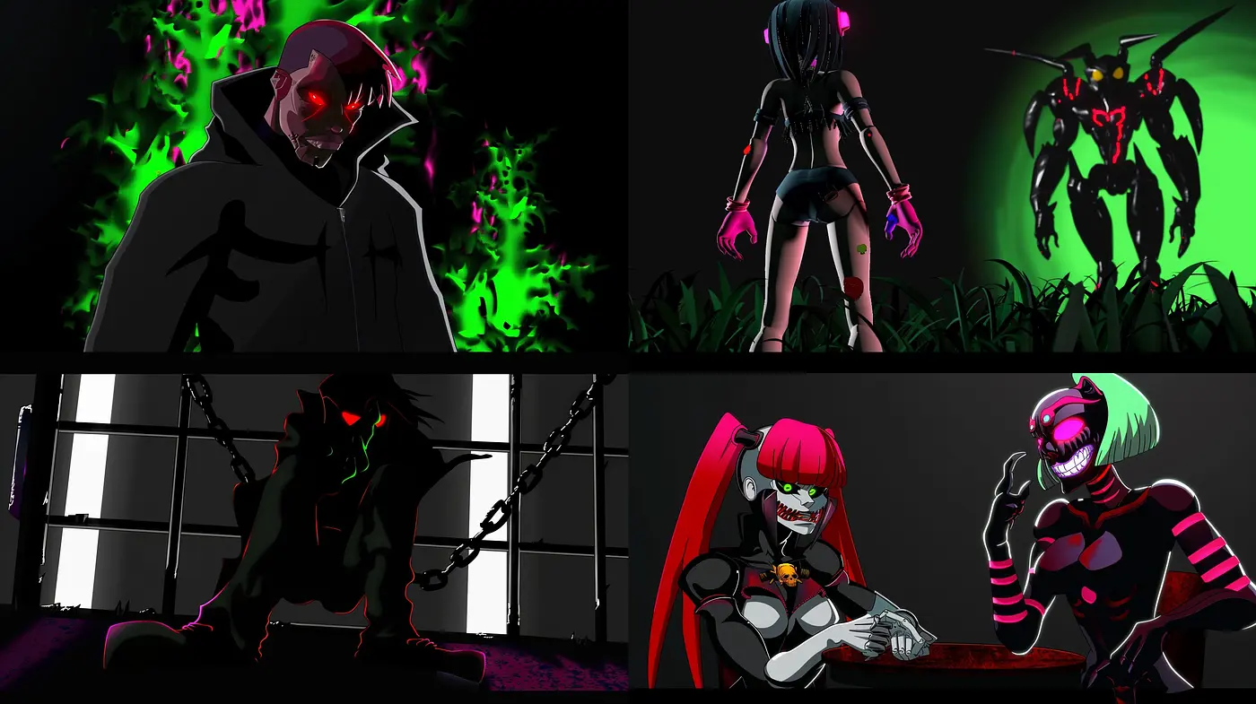 Neon-lit Cyberpunk Dreamscape: Consistent Robotic and Dynamic Aesthetics - Midjourney sref style