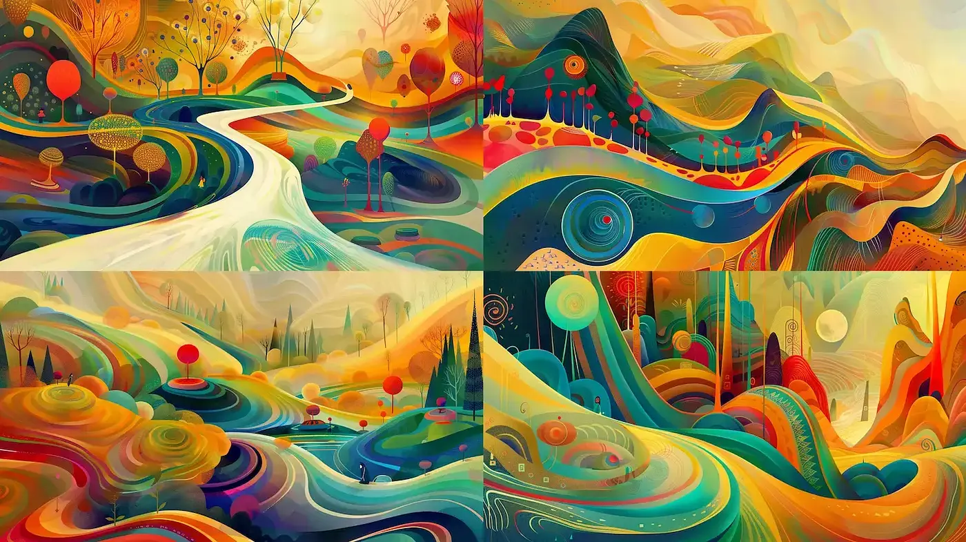 Whimsical and Vibrant Landscape Style with Abstract Forms - Midjourney sref style