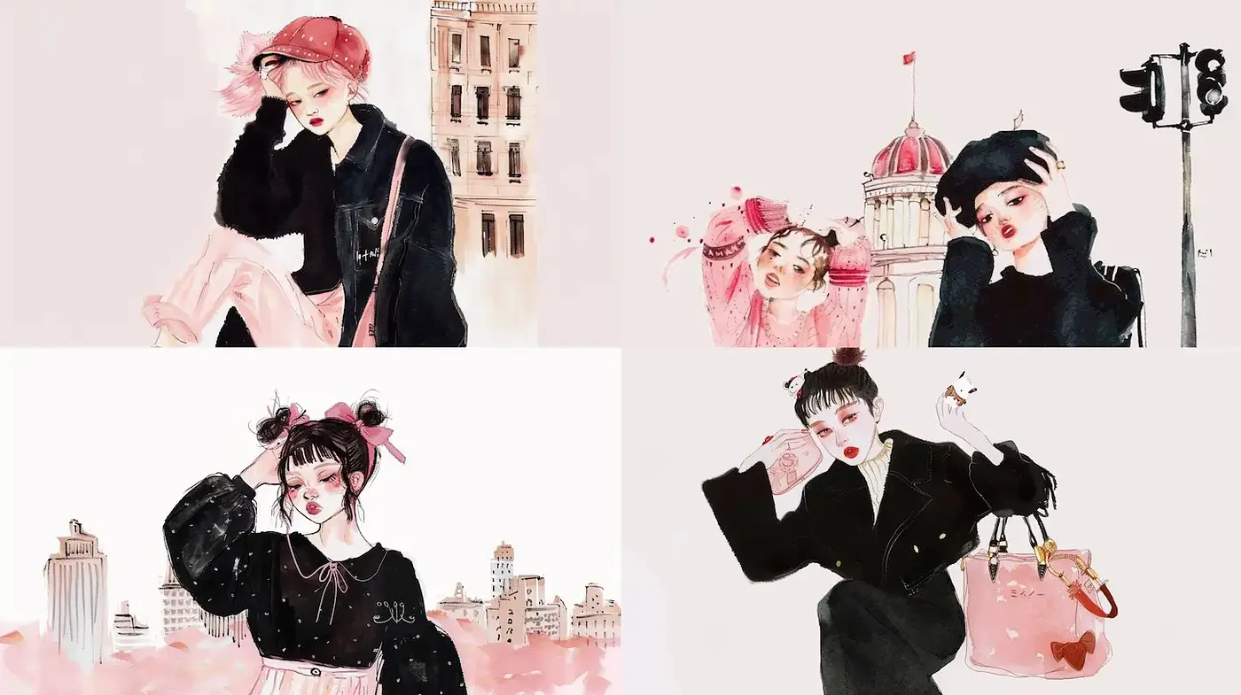 Whimsical and Contemporary Fashion Illustrations with Soft Watercolor Techniques - Midjourney sref style